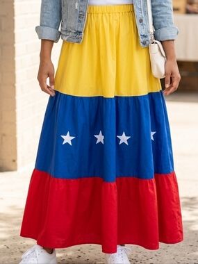 Venezuelan Inspired Tiered Maxi Skirt - Star Patches - Size M